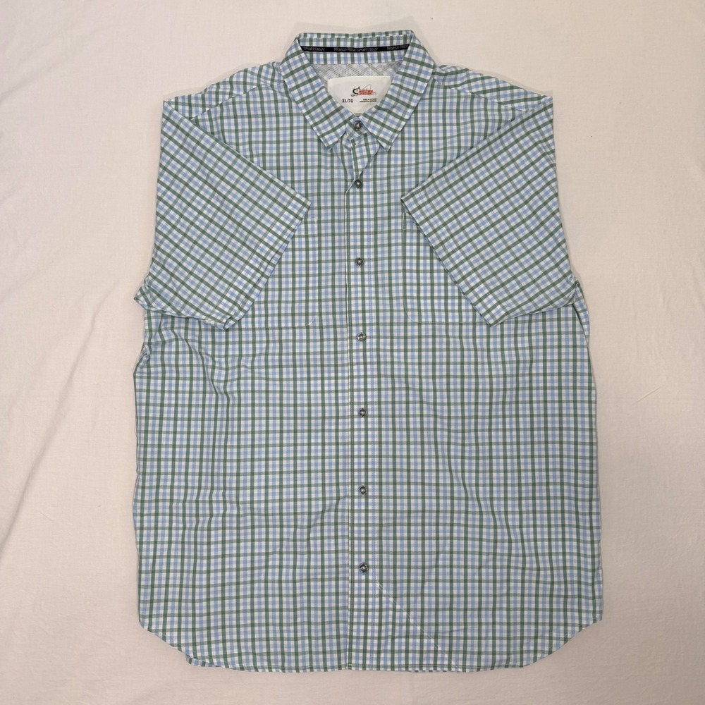 World Wide Sportsman Shirt Mens XL Blue Green Plaid Vented Fishing Short Sleeve